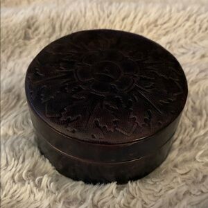 Round Embossed Dark Brown Leather Trinket Box